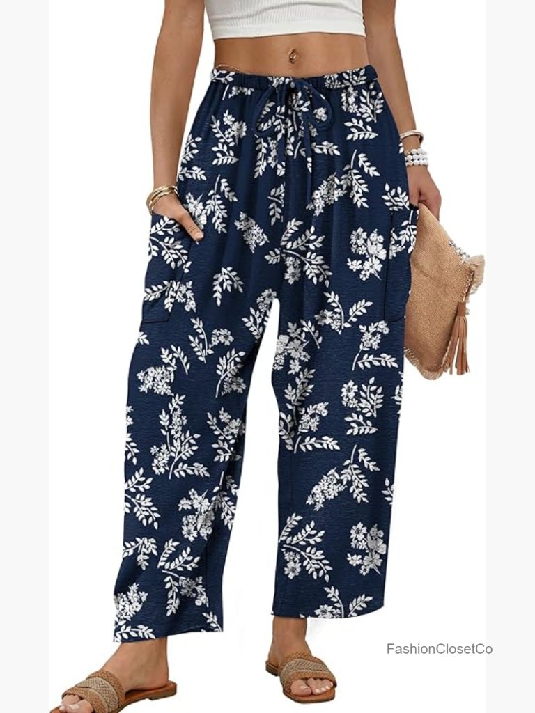 Wide Leg Palazzo Pants With Pockets Drawstring Elastic Waist
